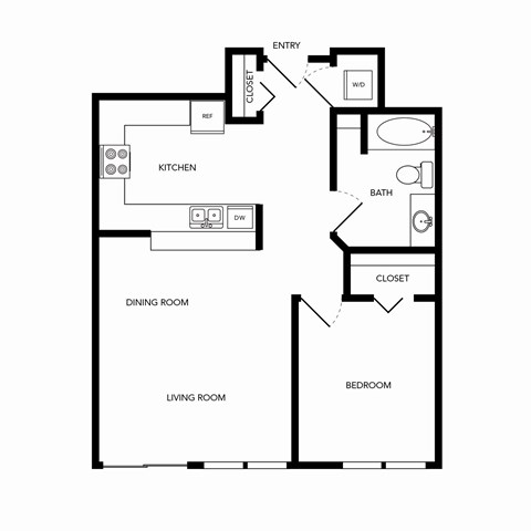 Floor plan for 1 bed, 1 bath, 769 sqft